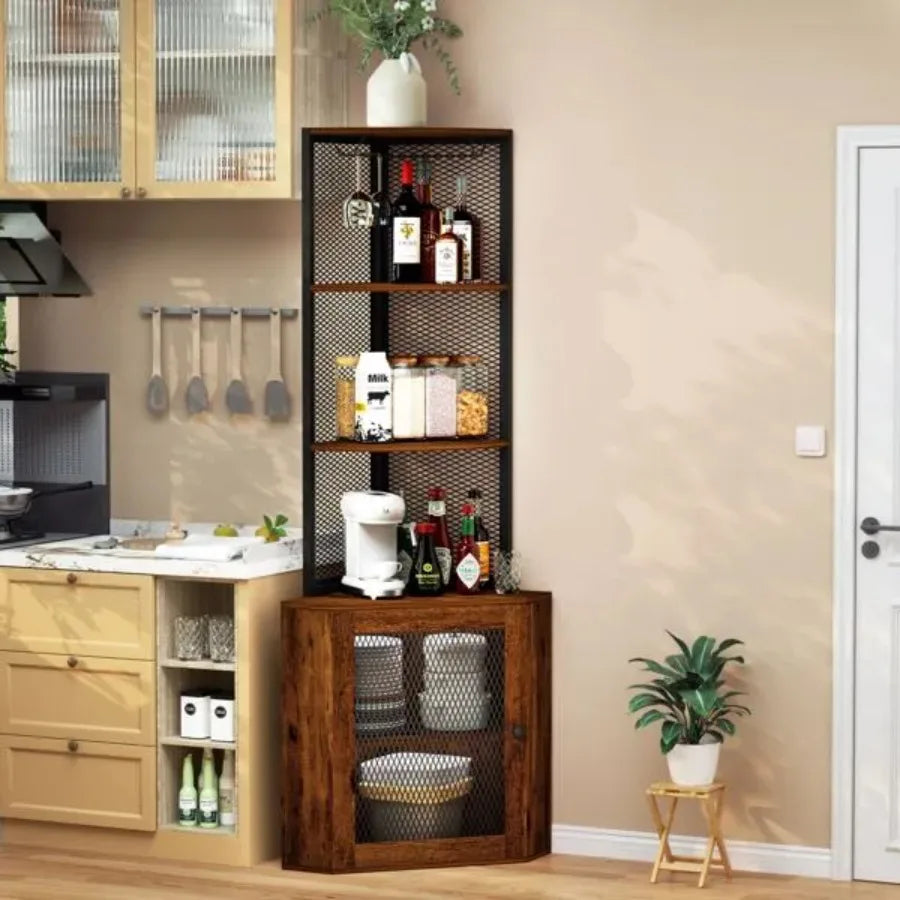 Corner Shelf with Doors 65" Corner Cabinet and Wine Glass Rack 6 Tier Bookshelf Display Freestanding Corner Storage Stand for K
