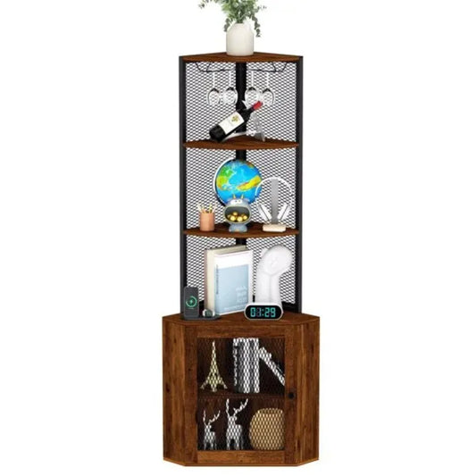 Corner Shelf with Doors 65" Corner Cabinet and Wine Glass Rack 6 Tier Bookshelf Display Freestanding Corner Storage Stand for K