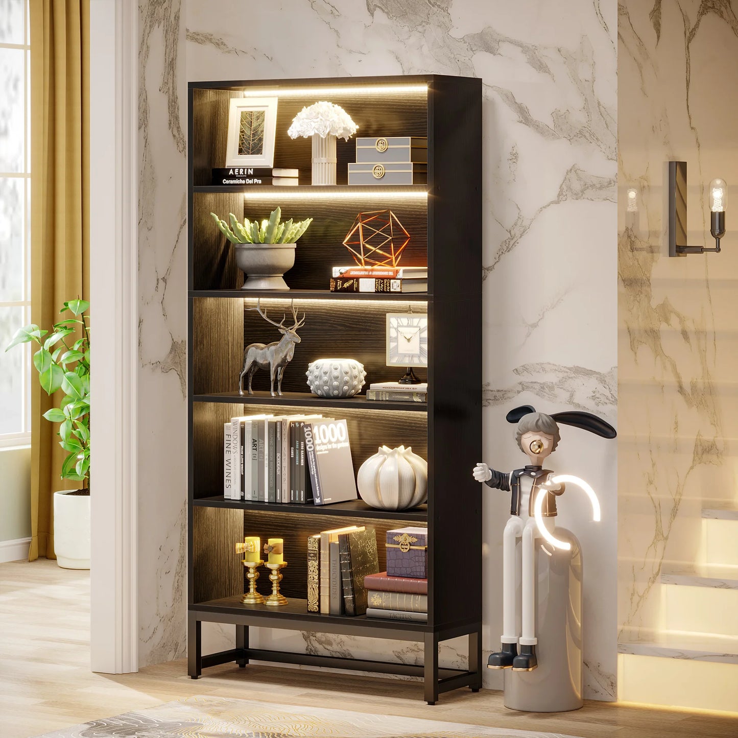 Tall Bookcase Black Bookshelf, 70.8” Large Bookcases Organizer, Heavy Duty Library Bookcase