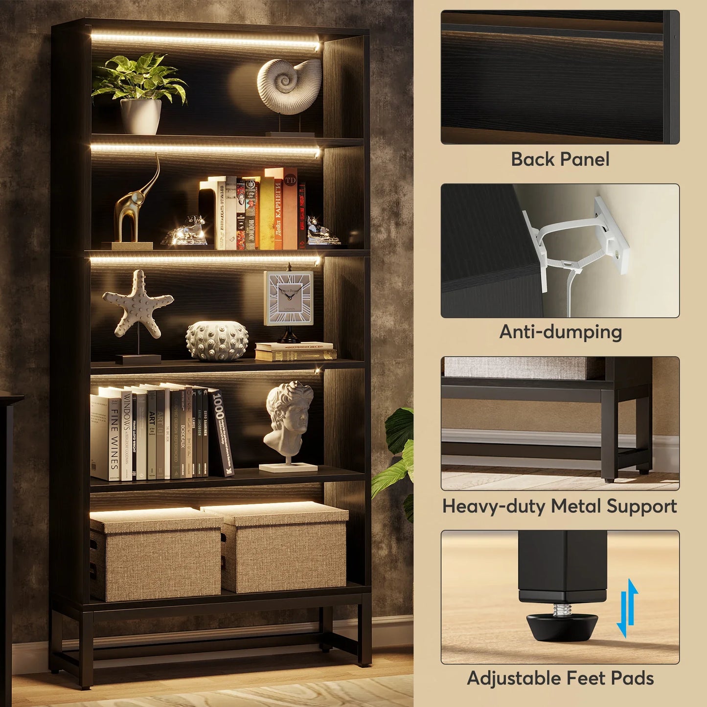 Tall Bookcase Black Bookshelf, 70.8” Large Bookcases Organizer, Heavy Duty Library Bookcase