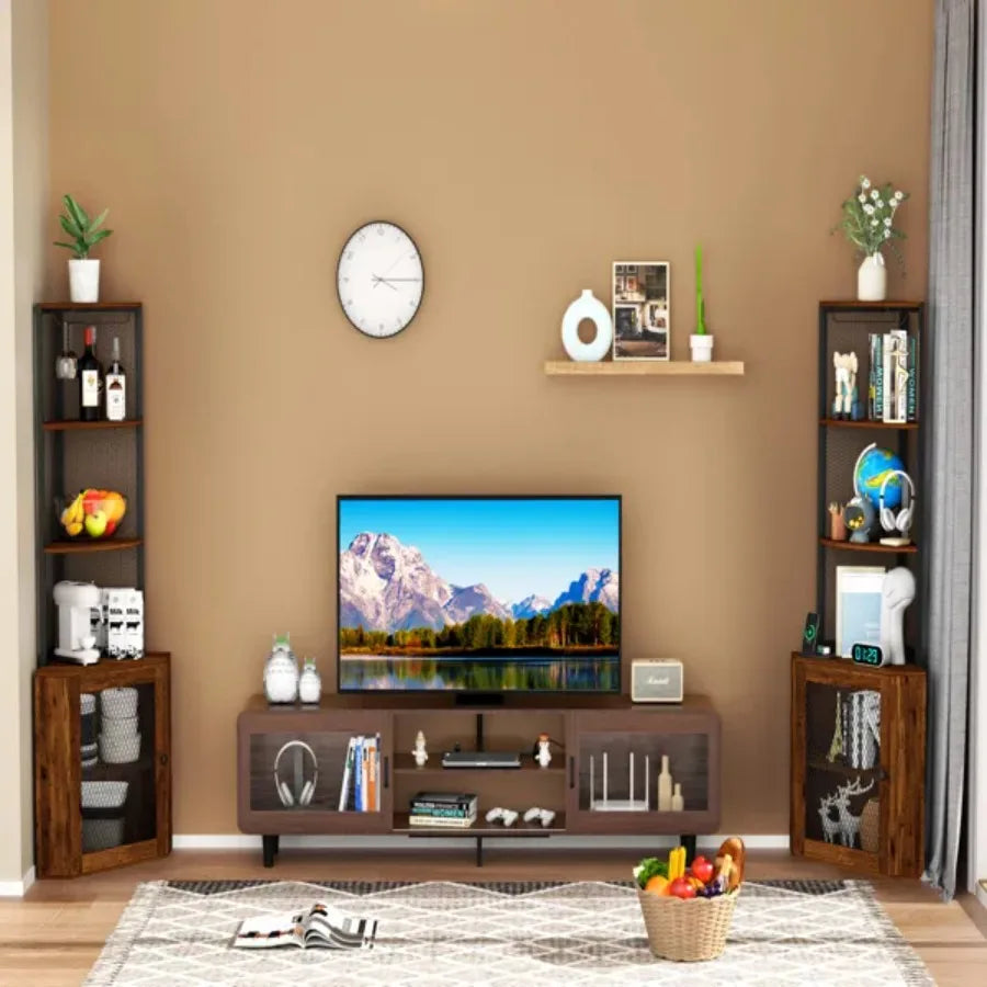 Corner Shelf with Doors 65" Corner Cabinet and Wine Glass Rack 6 Tier Bookshelf Display Freestanding Corner Storage Stand for K