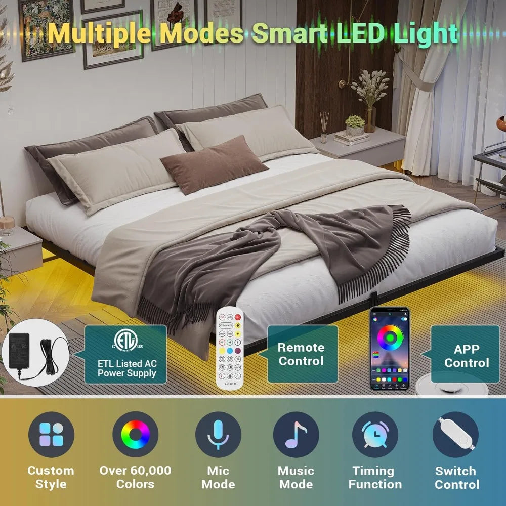 Floating Bed Frame with Smart LED Lights