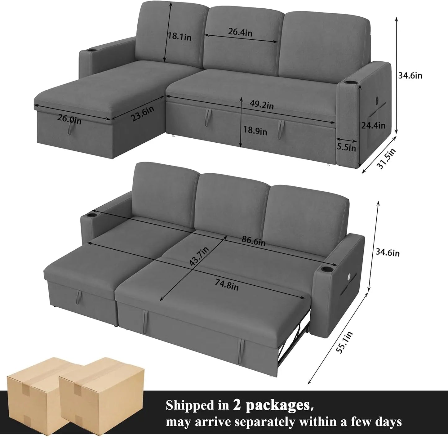 Convertible Sofa Bed with Storage Chaise