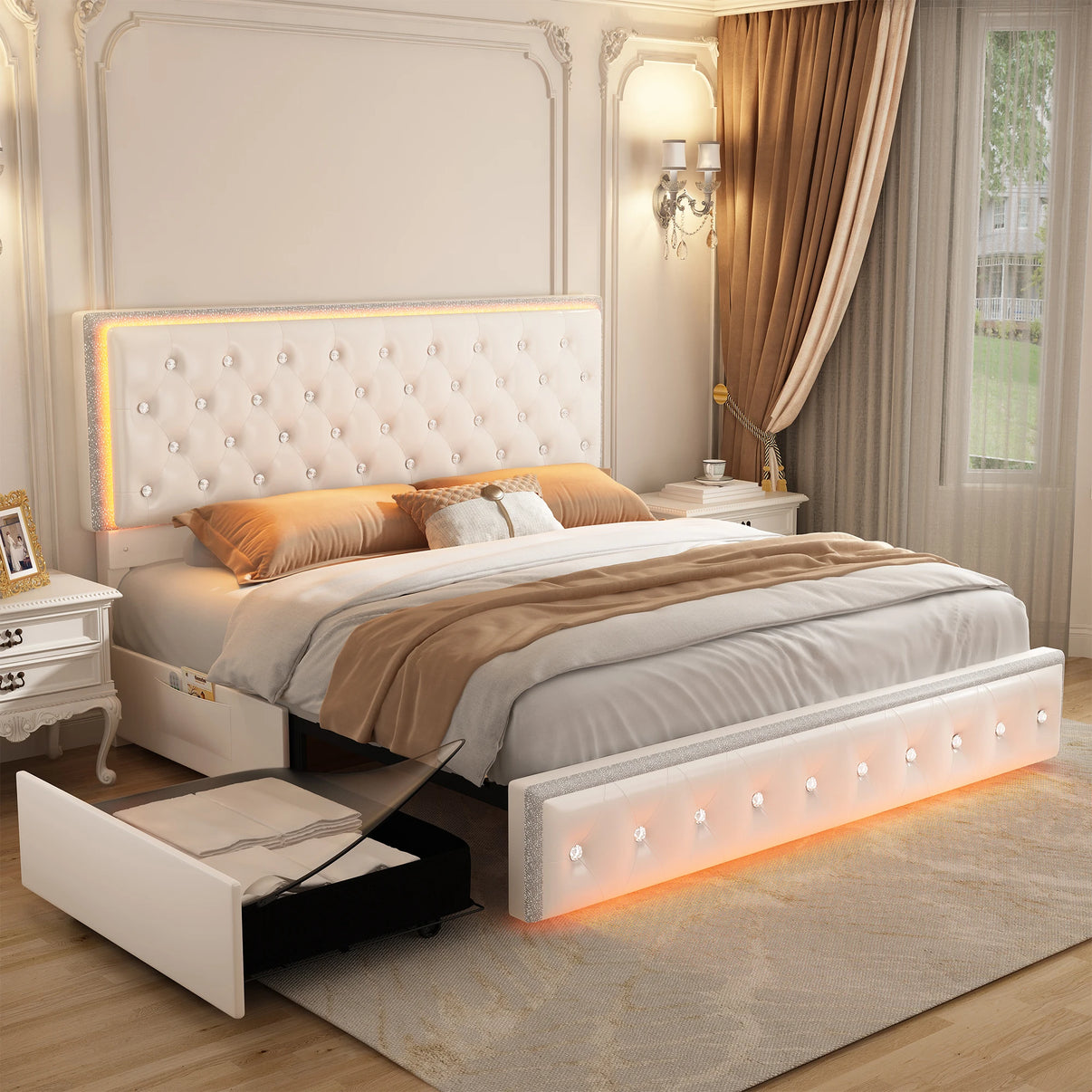Queen LED Bed Frame with Button headboard - The Decor Authority