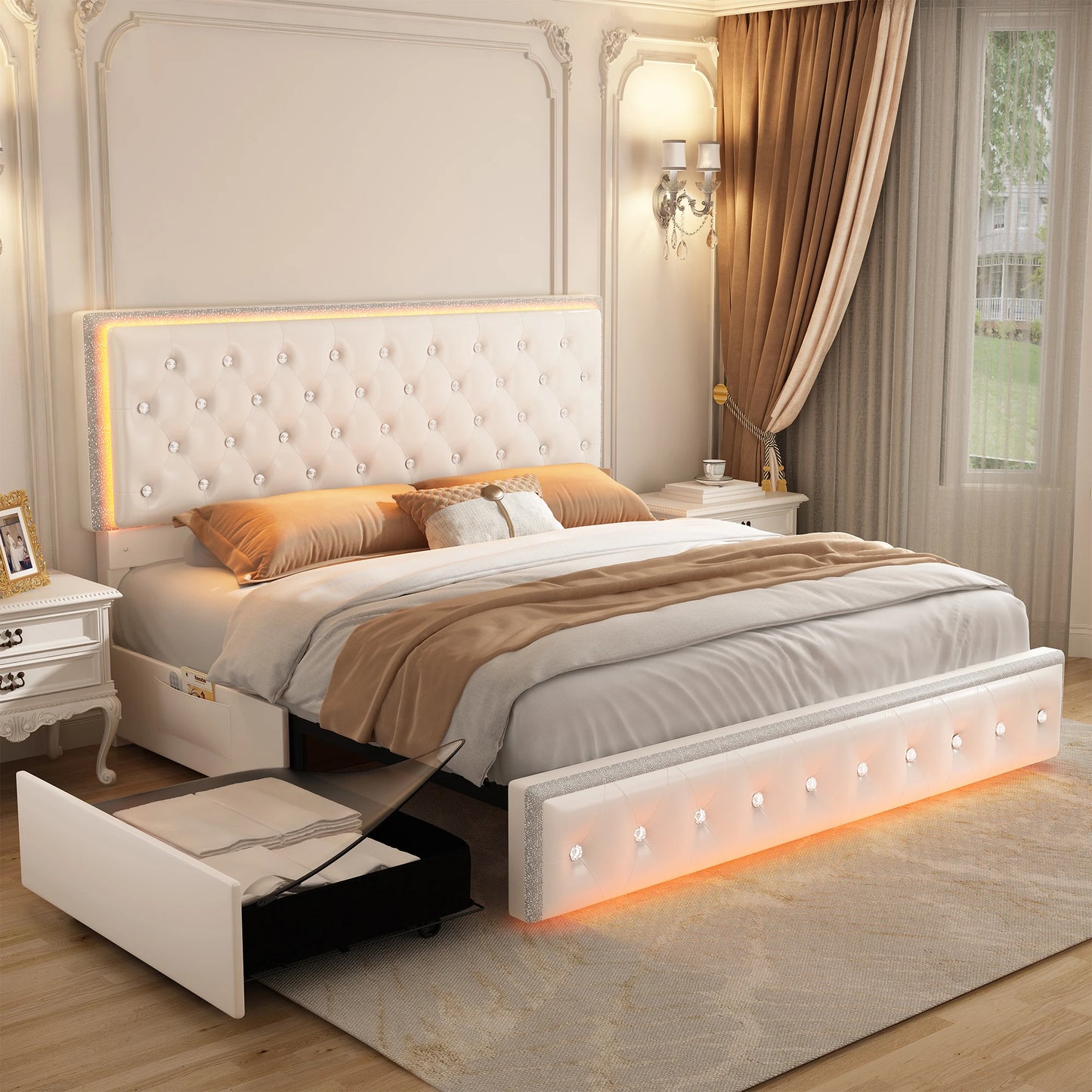 Queen LED Bed Frame with Button headboard