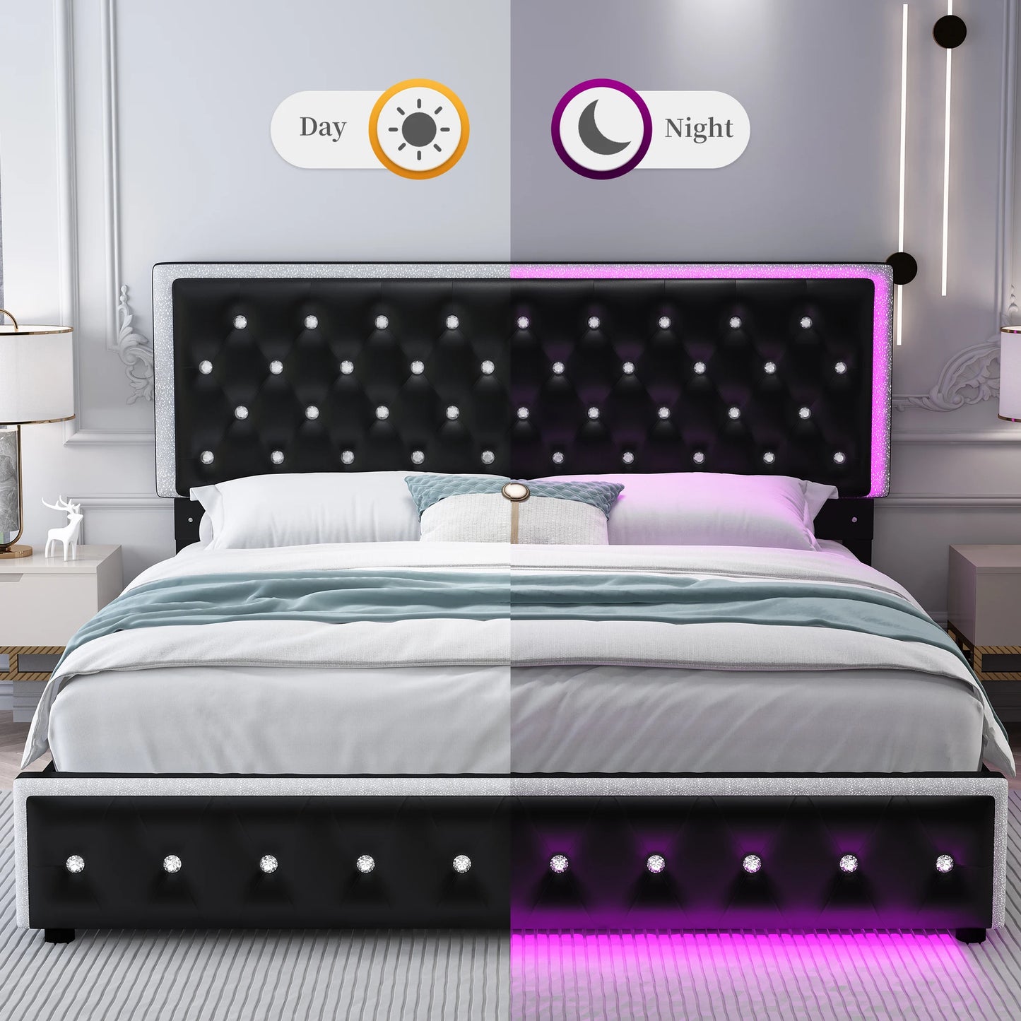 Queen LED Bed Frame with Button headboard