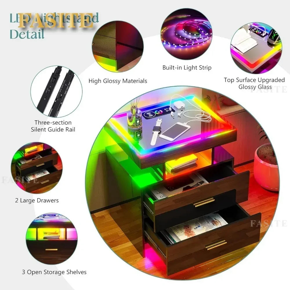 Set of 2 Nightstands with Smart LEDS