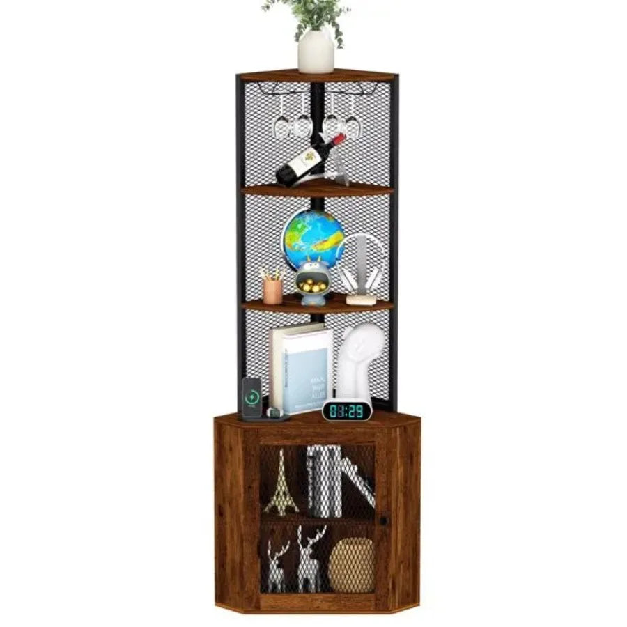 Corner Shelf with Doors 65" Corner Cabinet and Wine Glass Rack 6 Tier Bookshelf Display Freestanding Corner Storage Stand for K - The Decor Authority