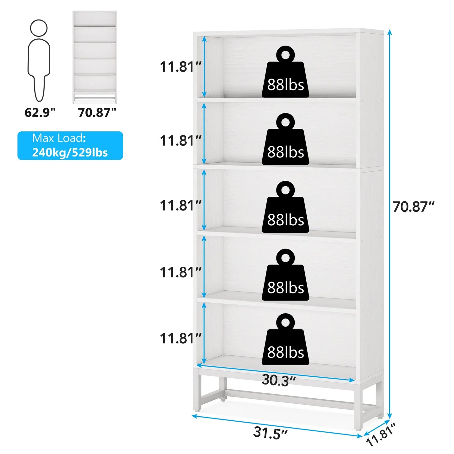 Tall Bookcase Black Bookshelf, 70.8” Large Bookcases Organizer, Heavy Duty Library Bookcase