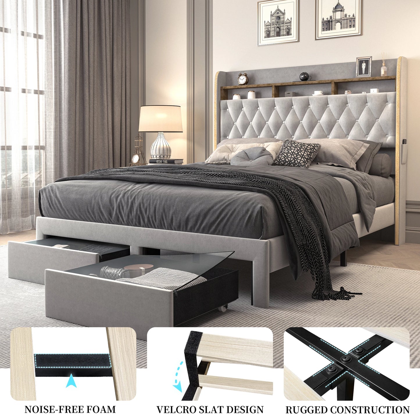 Queen LED Bed Frame with Star Projector