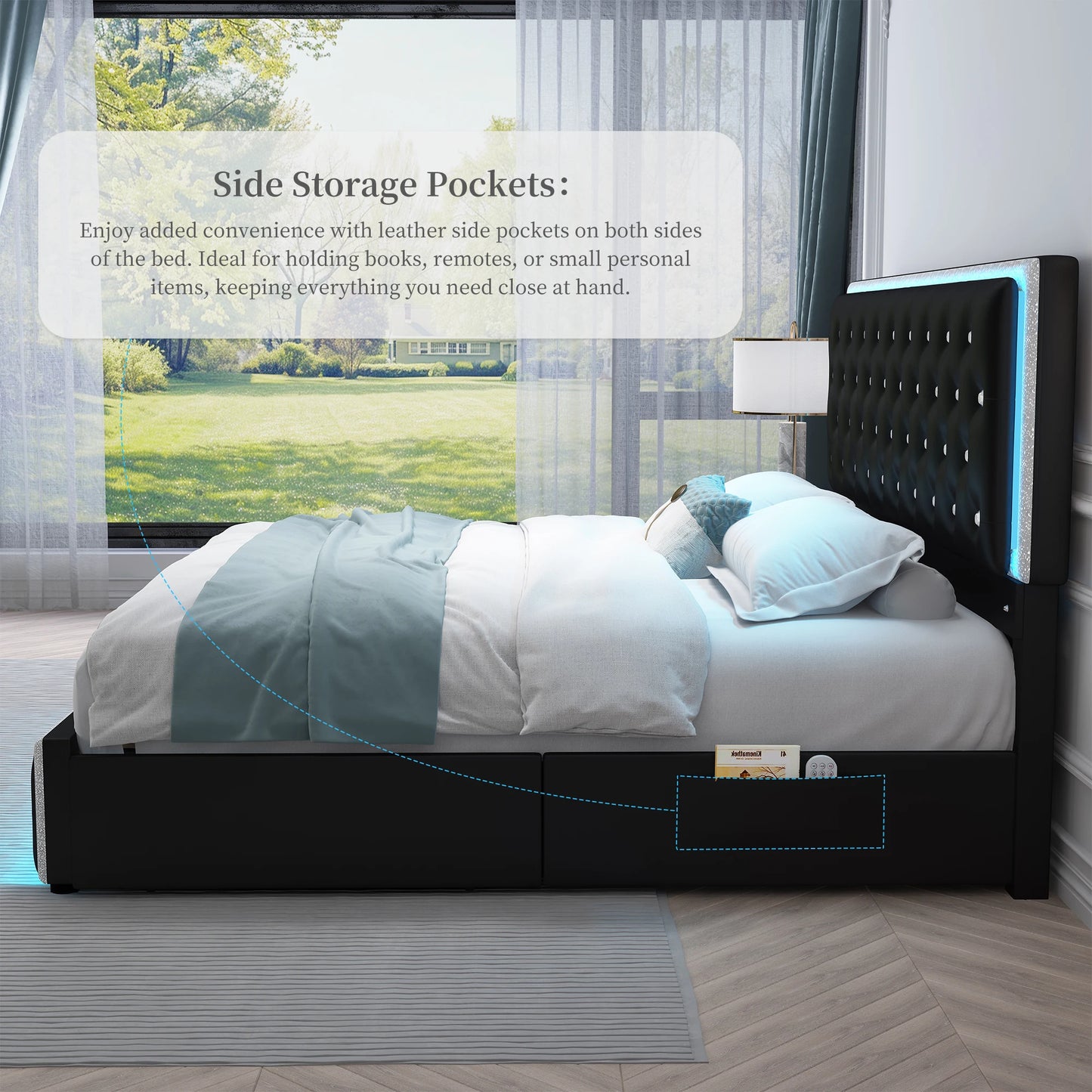 Queen LED Bed Frame with Button headboard