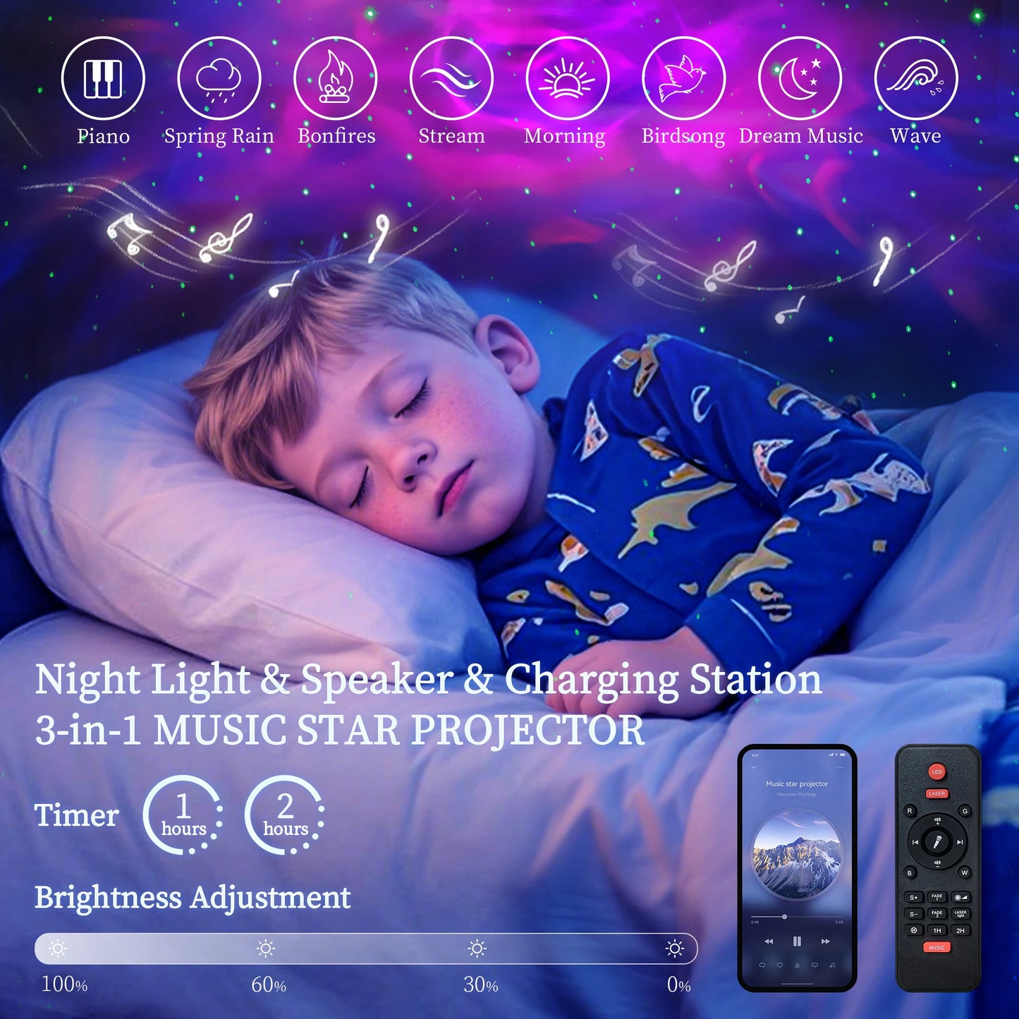 Queen LED Bed Frame with Star Projector