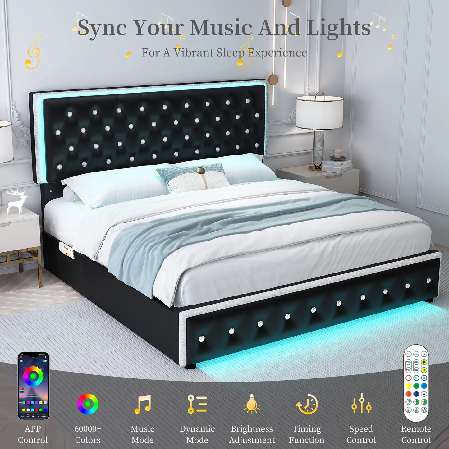 Queen LED Bed Frame with Button headboard
