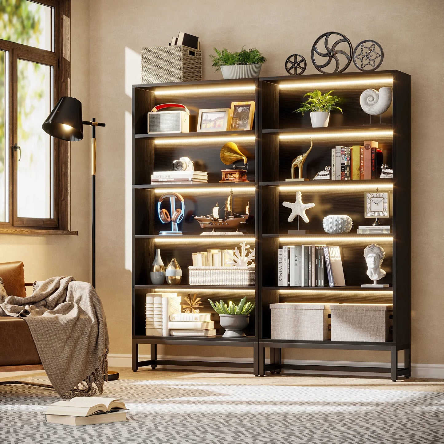 Tall Bookcase Black Bookshelf, 70.8” Large Bookcases Organizer, Heavy Duty Library Bookcase