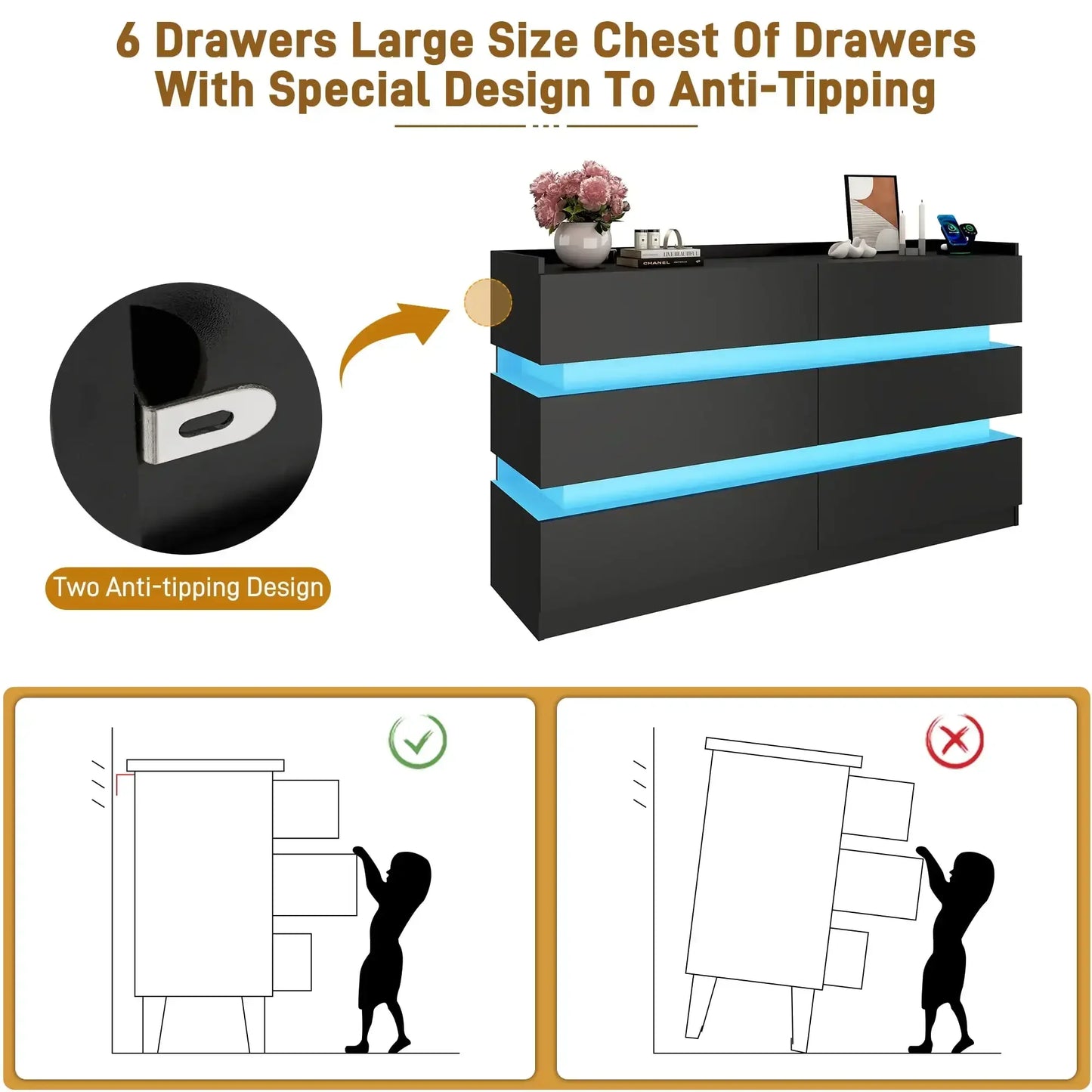 6 Drawer Dresser with LED Lights
