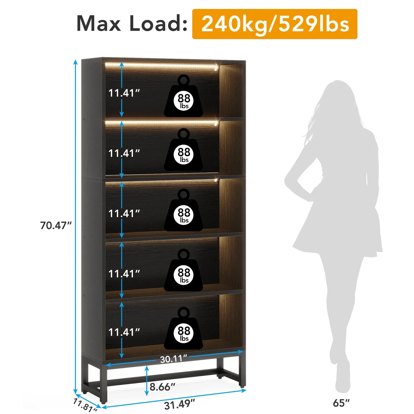 Tall Bookcase Black Bookshelf, 70.8” Large Bookcases Organizer, Heavy Duty Library Bookcase