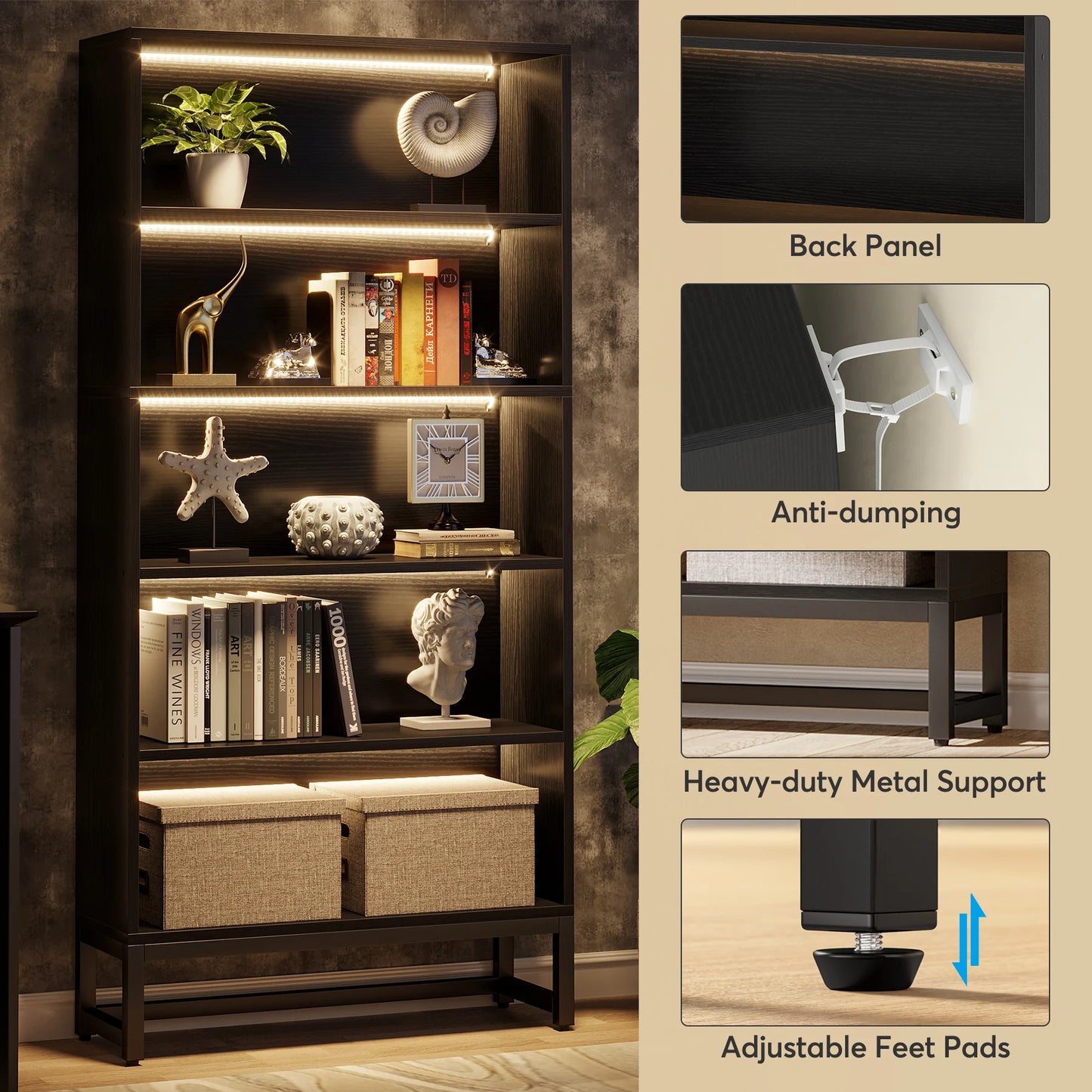 Tall Bookcase Black Bookshelf, 70.8” Large Bookcases Organizer, Heavy Duty Library Bookcase
