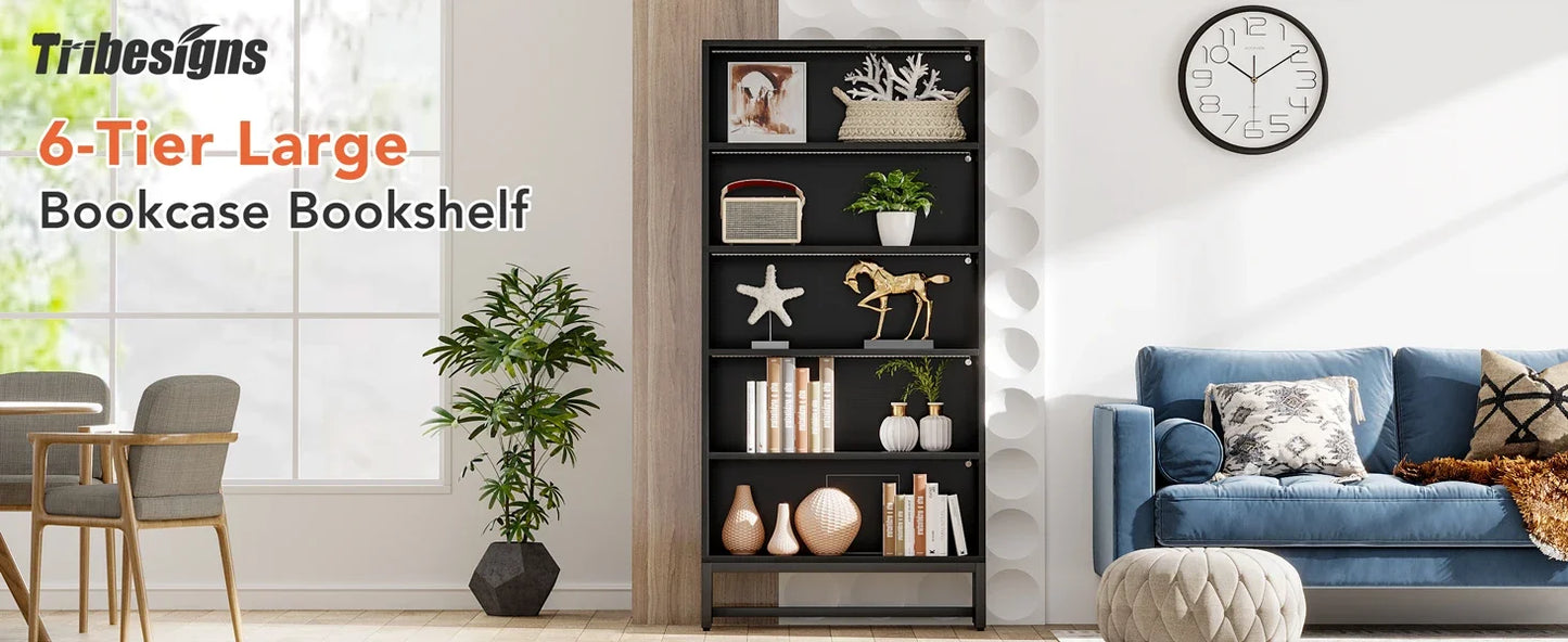 Tall Bookcase Black Bookshelf, 70.8” Large Bookcases Organizer, Heavy Duty Library Bookcase