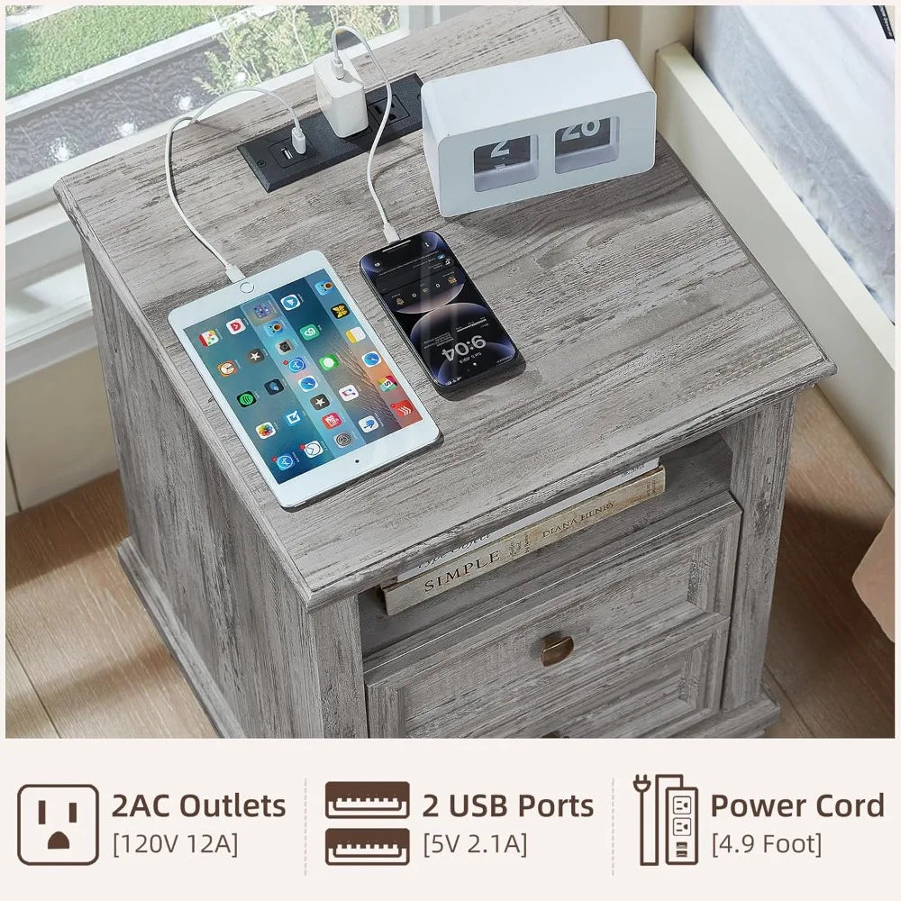Farmhouse Nightstand with Charging Station - The Decor Authority