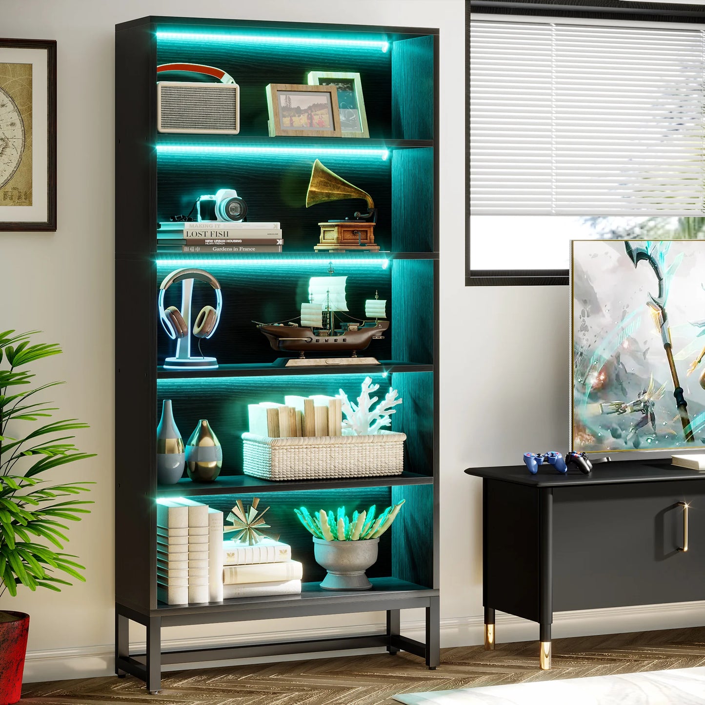 Tall Bookcase Black Bookshelf, 70.8” Large Bookcases Organizer, Heavy Duty Library Bookcase
